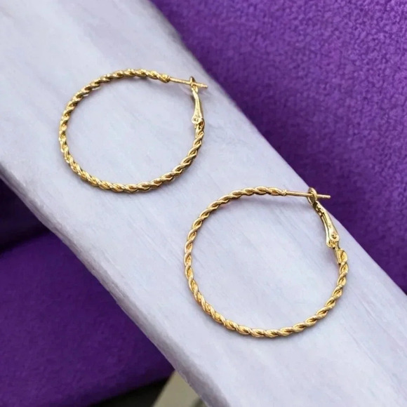1 LEFT! Gold Plated Textured Hoop Earrings - Picture 2 of 2